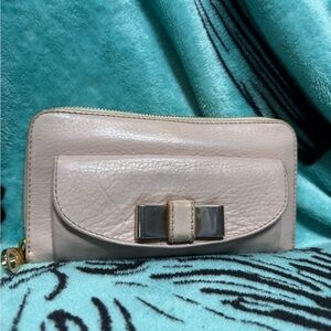 Chloe Blush Pink Leather Bow-Accent Zip Wallet